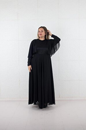 Truva Xxl Büyük Beden Sim Detaylı Tül Kol Uzun Abiye Elbise Siyah ELB629