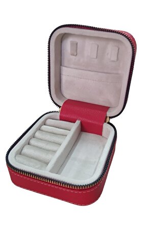 Fermuarlı Deri (Ahşap Kasalı ) Takı, Seyahat Ve Mücevher Çantası,kutusu Kırmızı (11x11 Cm )
