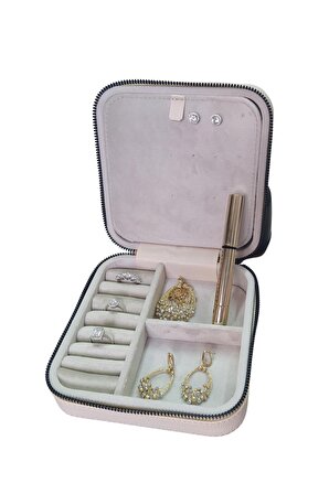 Fermuarlı Deri (Ahşap Kasalı ) Orta boy  Takı, Seyahat Ve Mücevher Çantası,kutusu Krem(15x15 Cm)