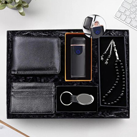 Siyah Erkek Cüzdan & Siyah Kartlık & USB Şarjlı Dokunmatik Alevsiz Elektronik Çakmak & Gümüş Renk Anahtarlık & Siyah Tesbih Hediye Seti