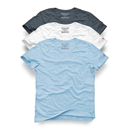 Basic Baskısız T-Shirt Kadın ve Erkek 3'lü Set Pamuklu Kısa Kollu Bisiklet Yaka Çok Renkli T-Shirt, Antrasit-Buz Mavisi-Beyaz Basic Tişört Set,Büyük Beden Basic Tişört Seti