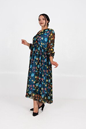 Truva Xxl Büyük Beden Kadın Giyim Şifon Astarlı Elbise Desenli Elb334
