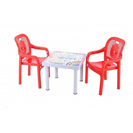 Sağlam Plastik Mandella Rubi Türkçe Desenli Çocuk Masası 2 Adet Rubi Çocuk Koltuk Kırmızı