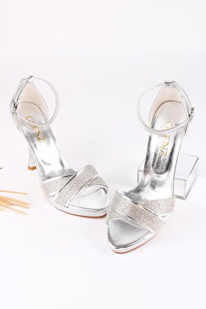 Kadın Stiletto Gümüş Taşlı Platform Topuklu Ayakkabı TS1144