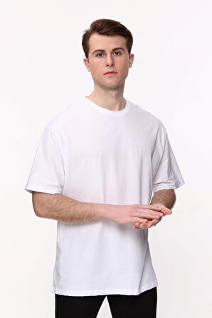 Erkek Oversize Bol Kalıp Bisiklet Yaka Beyaz T-Shirt