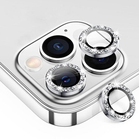 İphone 13 Pro Uyumlu Gümüş Renk Taşlı Kırılmaz Çizilmez Kamera Lens Koruyucusu