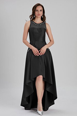 Boncuk Detaylı Siyah Saten Bulava Abiye Elbise 43710S
