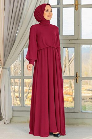 Tesettürlü Abiye Elbise -  Kolları Dantelli Bordo Tesettür Abiye Elbise 54030BR