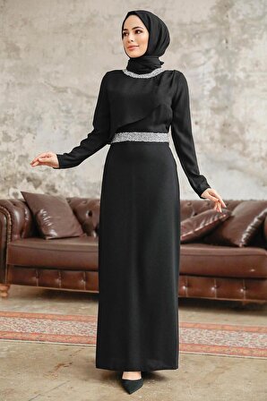 Boncuk Detaylı Siyah Tesettür Abiye Elbise 38081S