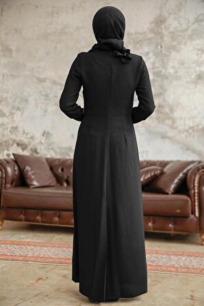 Boncuk Detaylı Siyah Tesettür Abiye Elbise 38081S