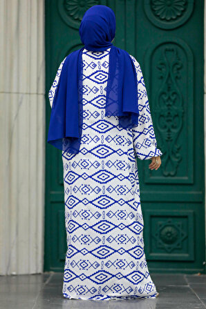 Etnik Desenli İndigo Mavisi Tesettür Kimono İkili Takım 50042IM