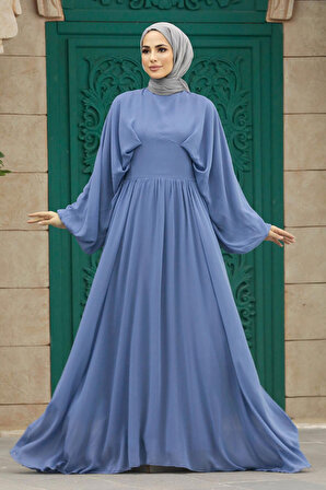 Tesettürlü Abiye Elbise - Balon Kol İndigo Mavisi Tesettür Abiye Elbise 60681IM