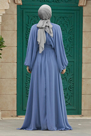 Tesettürlü Abiye Elbise - Balon Kol İndigo Mavisi Tesettür Abiye Elbise 60681IM