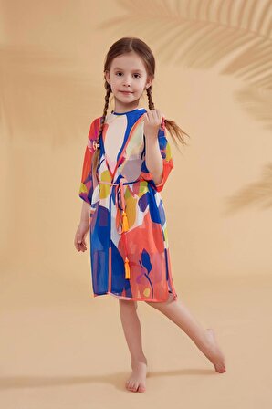 İndigo Mavisi Çocuk Desenli Renkli Kimono Kaftan P2331IM