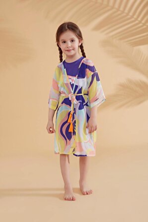 Mor Çocuk Desenli Renkli Kimono Kaftan P2333MOR