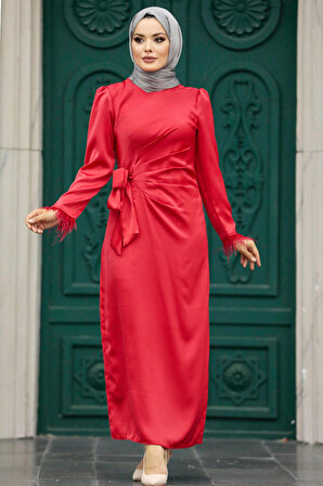 Drape Detaylı Kırmızı Tesettür Saten Abiye Elbise 5921K