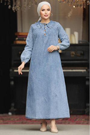 Cep Detaylı Mavi Tesettür Elbise 19101M