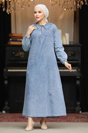 Cep Detaylı Mavi Tesettür Elbise 19101M