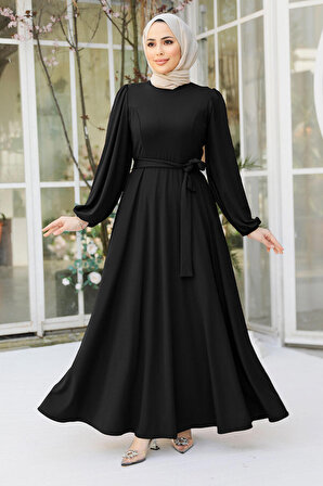 Kemerli Siyah Tesettür Elbise 23101S
