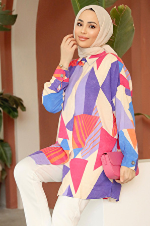 Desenli Lila Tesettür Tunik 11682LILA