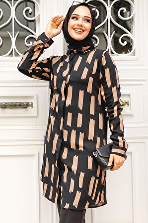 Desenli Kahverengi Tesettür Tunik 11683KH