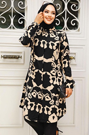 Desenli Siyah Tesettür Tunik 11685S