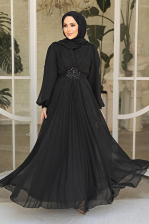 Drape Detaylı Siyah Tesettür Abiye Elbise 4448S