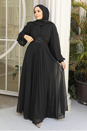 Drape Detaylı Siyah Tesettür Abiye Elbise 4448S