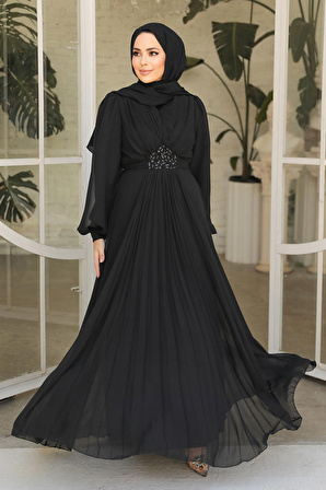 Drape Detaylı Siyah Tesettür Abiye Elbise 4448S