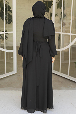 Drape Detaylı Siyah Tesettür Abiye Elbise 4448S