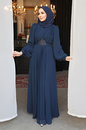 Drape Detaylı Lacivert Tesettür Abiye Elbise 4448L