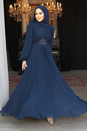 Drape Detaylı Lacivert Tesettür Abiye Elbise 4448L
