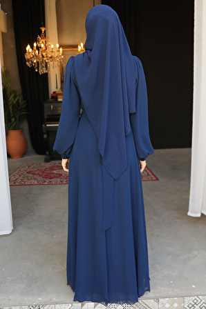 Drape Detaylı Lacivert Tesettür Abiye Elbise 4448L