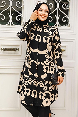 Desenli Siyah Tesettür Tunik 11685S