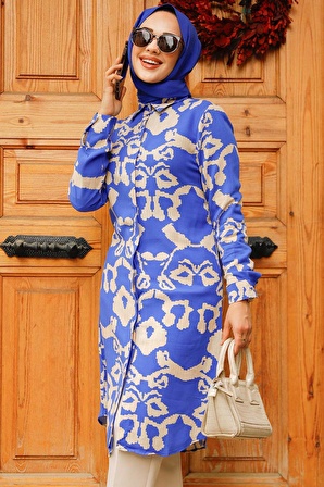 Desenli Sax Mavisi Tesettür Tunik 11685SX