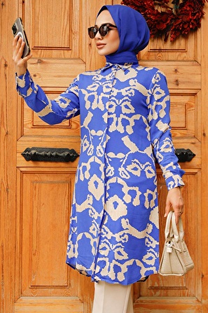 Desenli Sax Mavisi Tesettür Tunik 11685SX