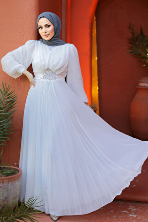Drape Detaylı Beyaz Tesettür Abiye Elbise 4448B