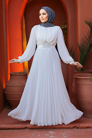 Drape Detaylı Beyaz Tesettür Abiye Elbise 4448B