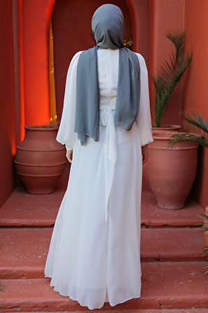Drape Detaylı Beyaz Tesettür Abiye Elbise 4448B