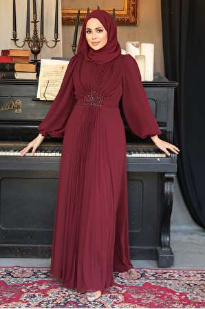 Drape Detaylı Bordo Tesettür Abiye Elbise 4448BR