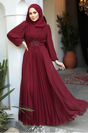 Drape Detaylı Bordo Tesettür Abiye Elbise 4448BR