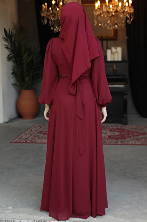 Drape Detaylı Bordo Tesettür Abiye Elbise 4448BR