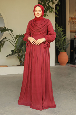 Drape Detaylı Bordo Tesettür Elbise 44591BR