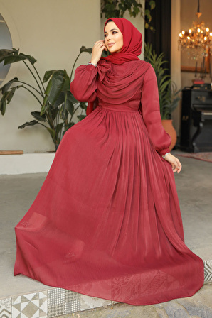 Drape Detaylı Bordo Tesettür Elbise 44591BR