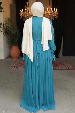 Drape Detaylı Petrol Yeşili Tesettür Elbise 44591PY