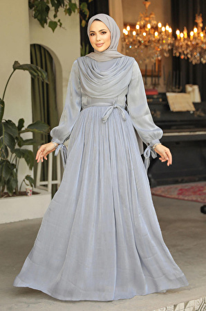 Drape Detaylı Gri Tesettür Elbise 44591GR