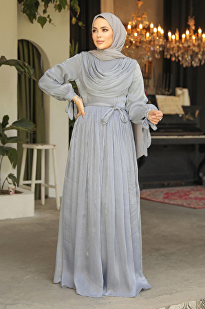 Drape Detaylı Gri Tesettür Elbise 44591GR