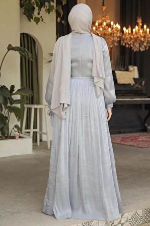 Drape Detaylı Gri Tesettür Elbise 44591GR