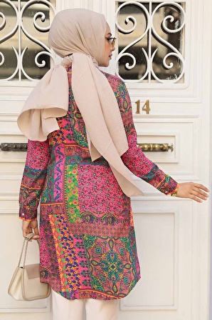Desenli Pembe Tesettür Tunik 11699P