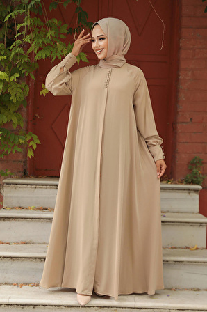 Düğmeli Camel Tesettür Elbise 520066C